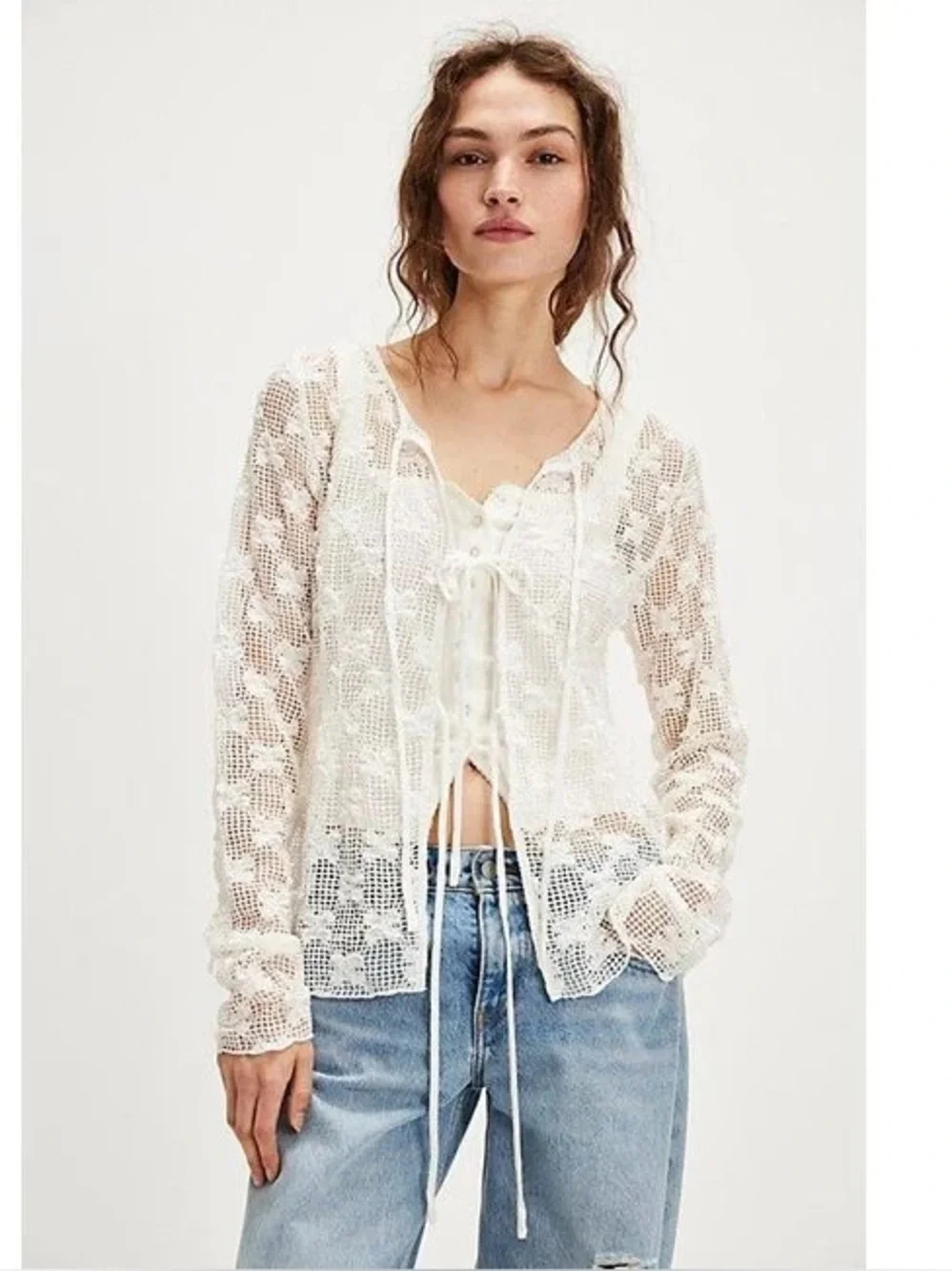 FREE PEOPLE | Julie Knit Top Tie Front Long Sleeve SZ M